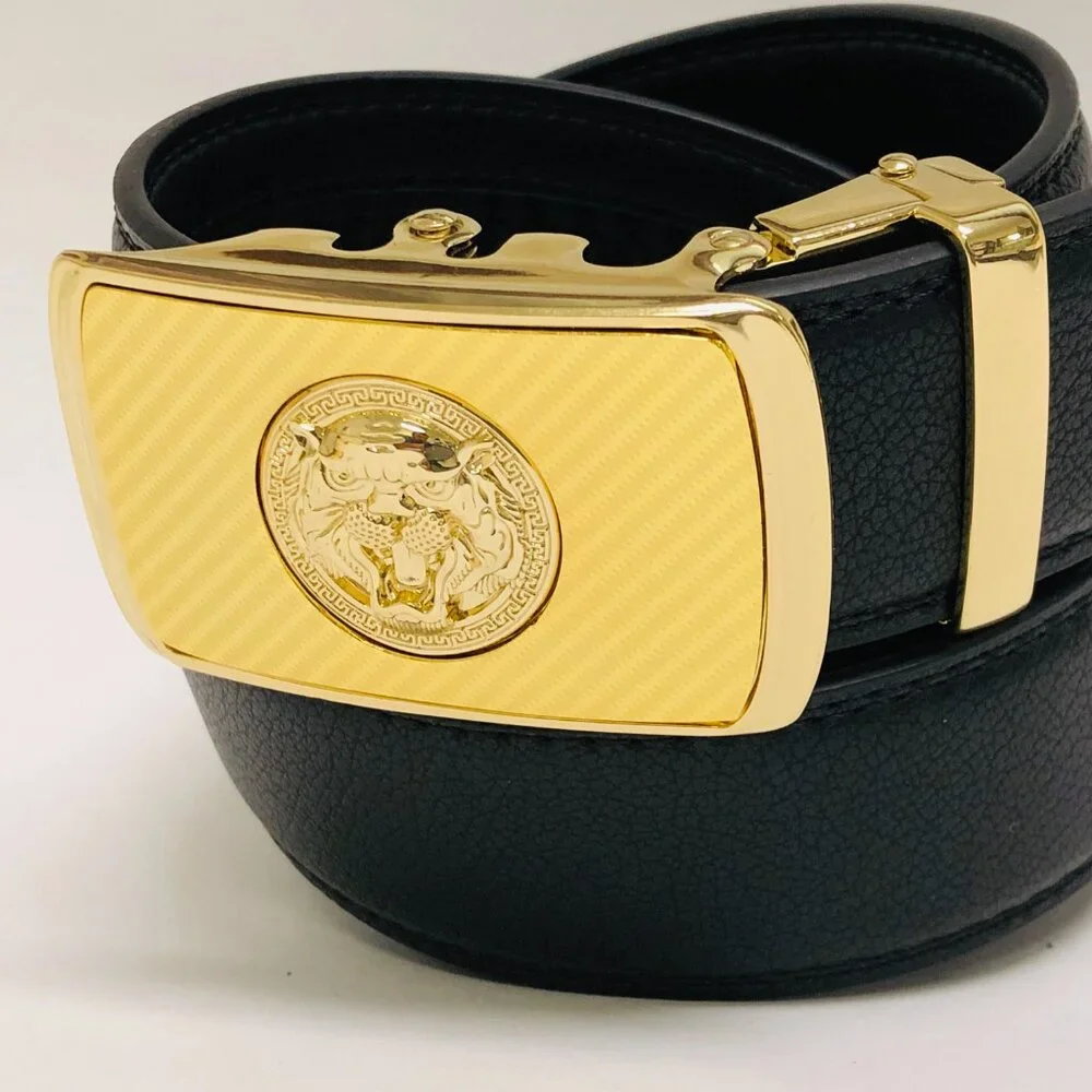 Black Leather Belt Automatic Buckle Slide No Hole Strep‎ Ratchet Gold Lion Head